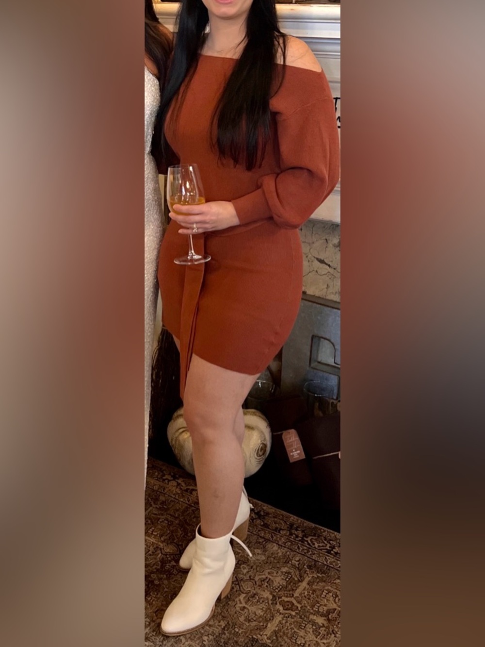 Peach Love California Rust Belted Ribbed Knit Long Sleeve Dress